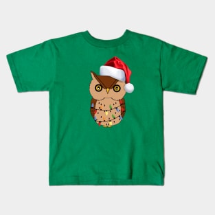 Funny Owl Christmas Lights Santa Hat Xmas Owl Lover Gifts Kids T-Shirt